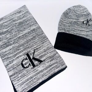 Calvin Klein Men’s ' Black and Gray Beanie and Scarf Set